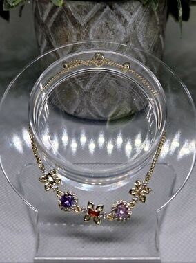 Gold-tone Multicolor Flower Gemstone Bracelet - Adjustable